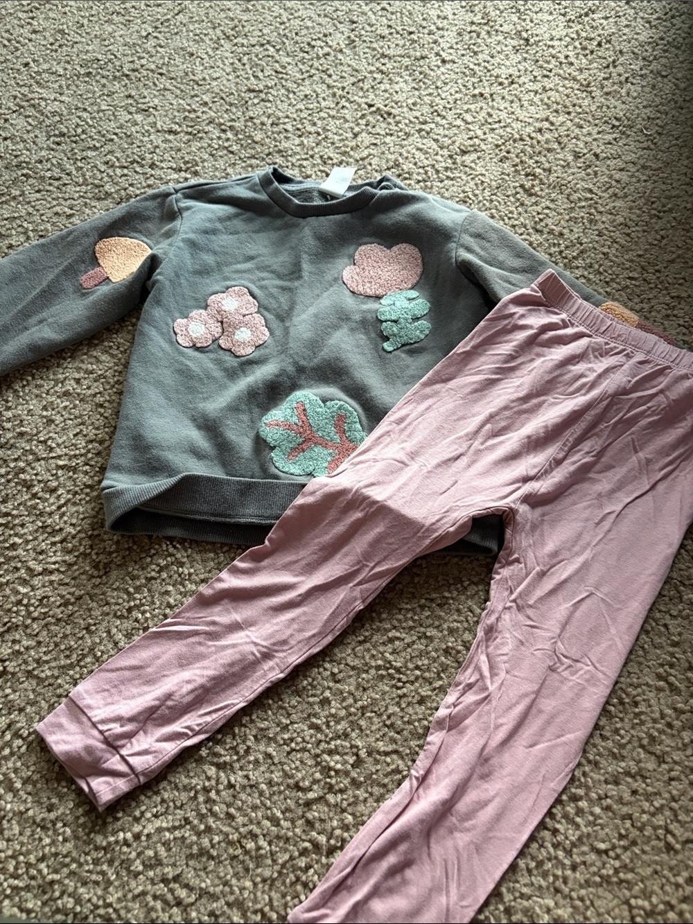 B70 2t Girls' Pink Leggings and Gray Sweatshirt Set with Tufted Fall Patches